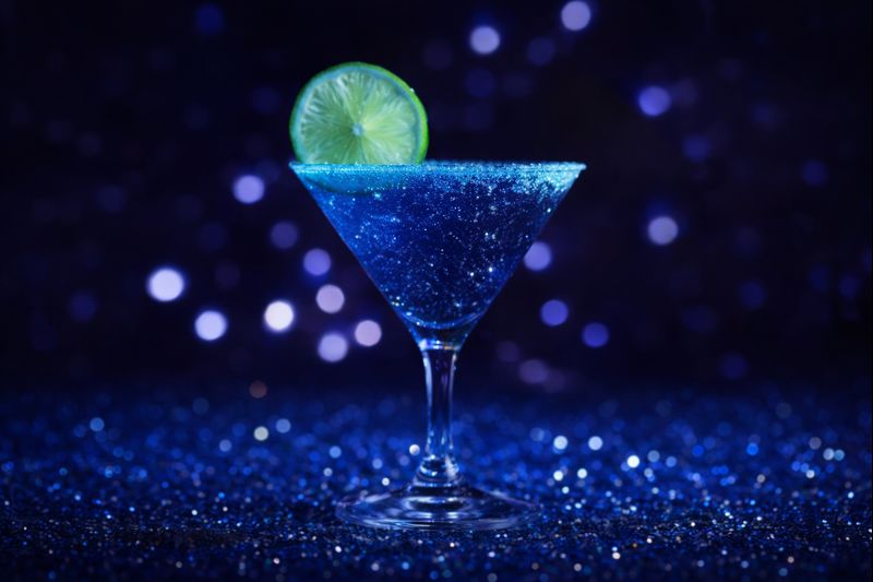 Cocktail de thé bleu pailleté Greensip, servi dans un verre a martini avec une tranche de citron vert