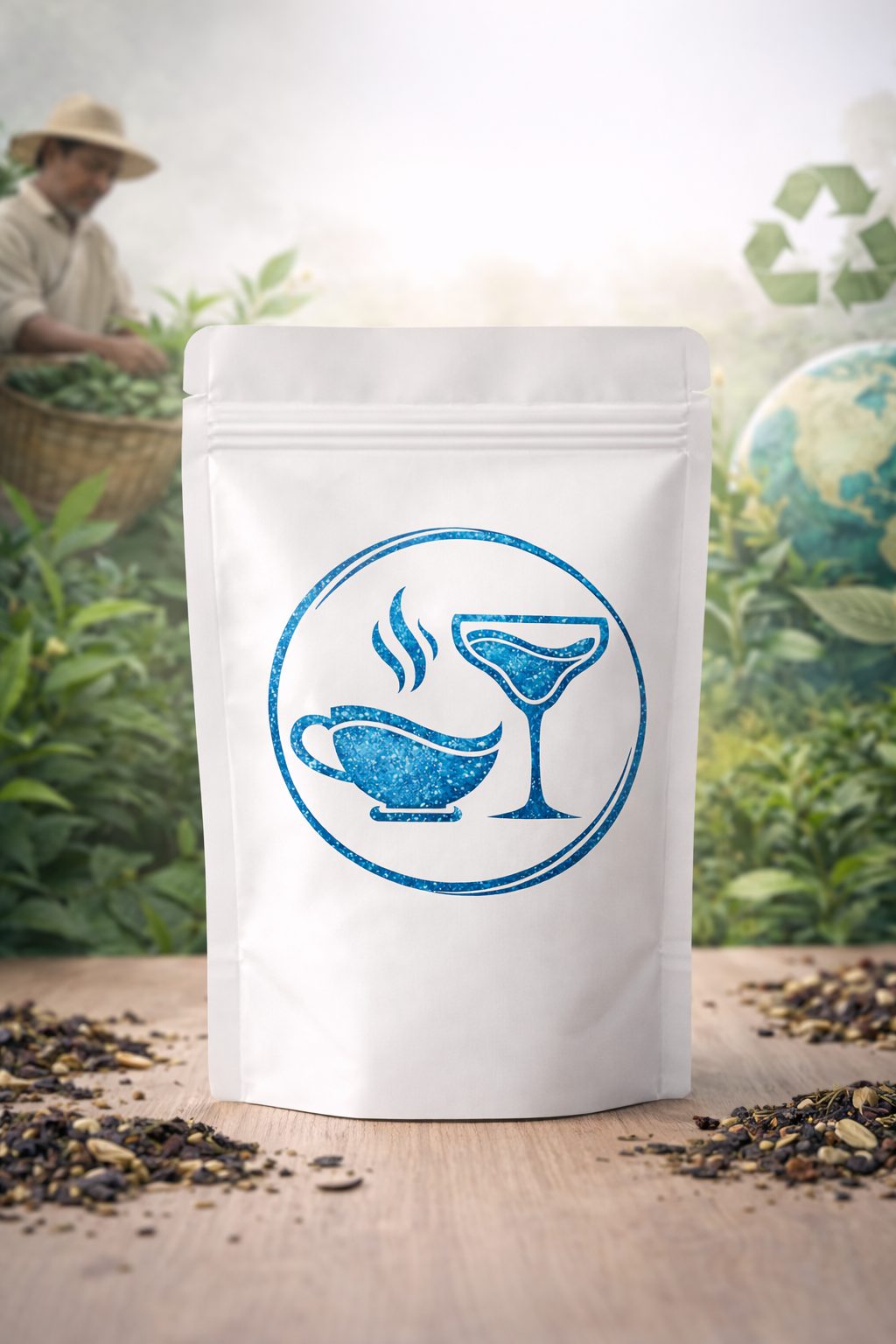 Sachet de thé blanc avec logo bleu posé sur une table en bois, devant un décor de plantation de thé avec symbole de recyclage.