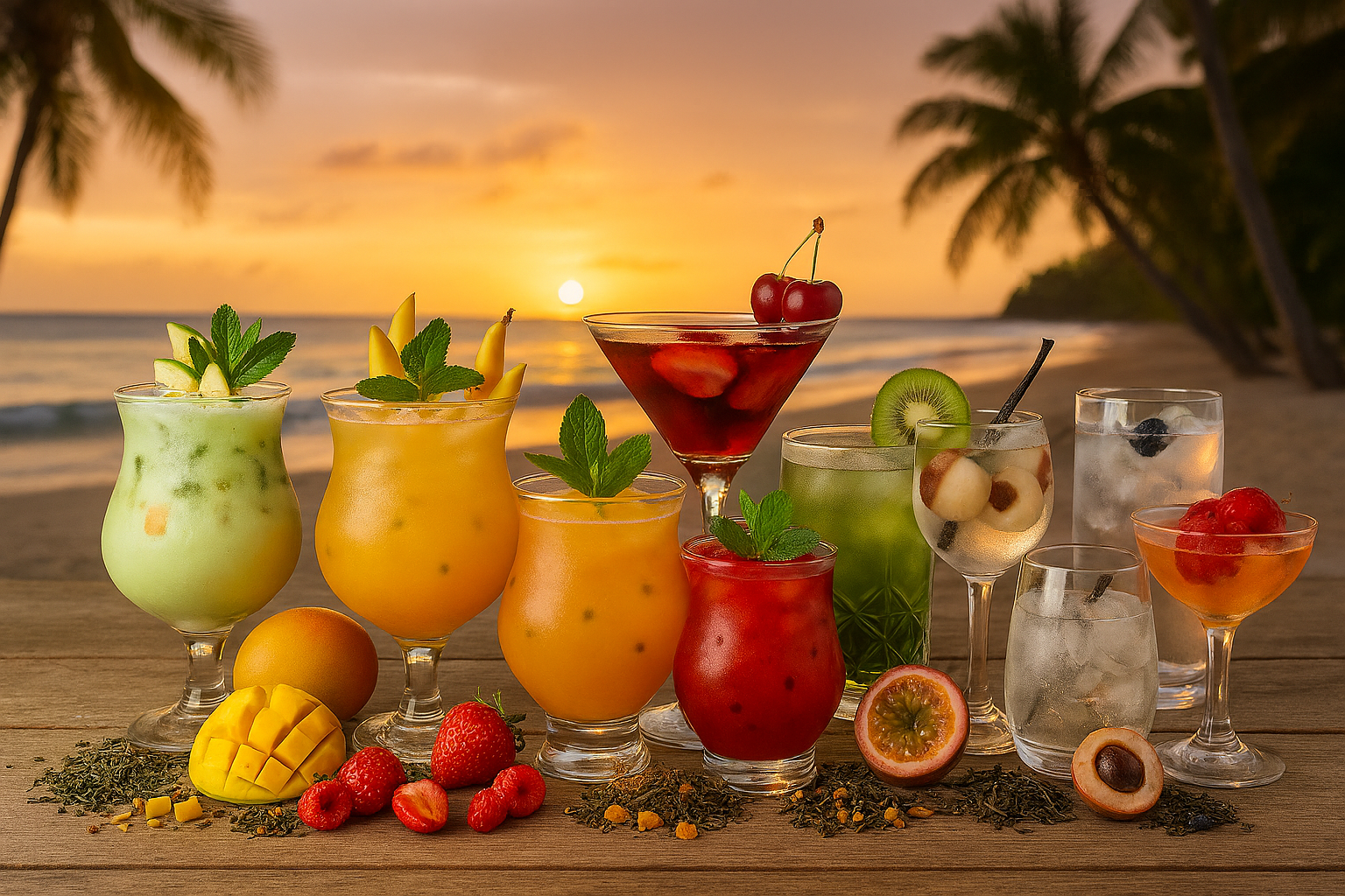 Neuf cocktails tropicaux colorés sont alignés sur une table en bois au bord d’une plage au coucher du soleil. Chaque verre est garni de fruits frais et entouré d’ingrédients assortis comme des tranches de kiwi, des morceaux de mangue, des baies, du thé en vrac et des feuilles de menthe. En arrière-plan, l’océan calme reflète les teintes chaudes du ciel, encadré par des palmiers.