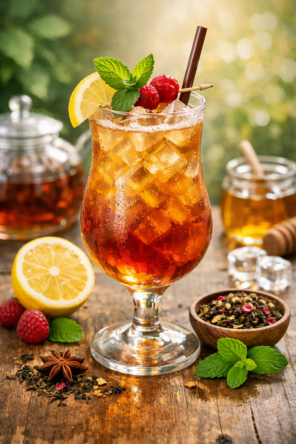 Cocktail au thé glacée dans un verre avec glaçon, garniture de menthe, framboise et tranche de citron, présenter sur une table avec des ingrédients de thé