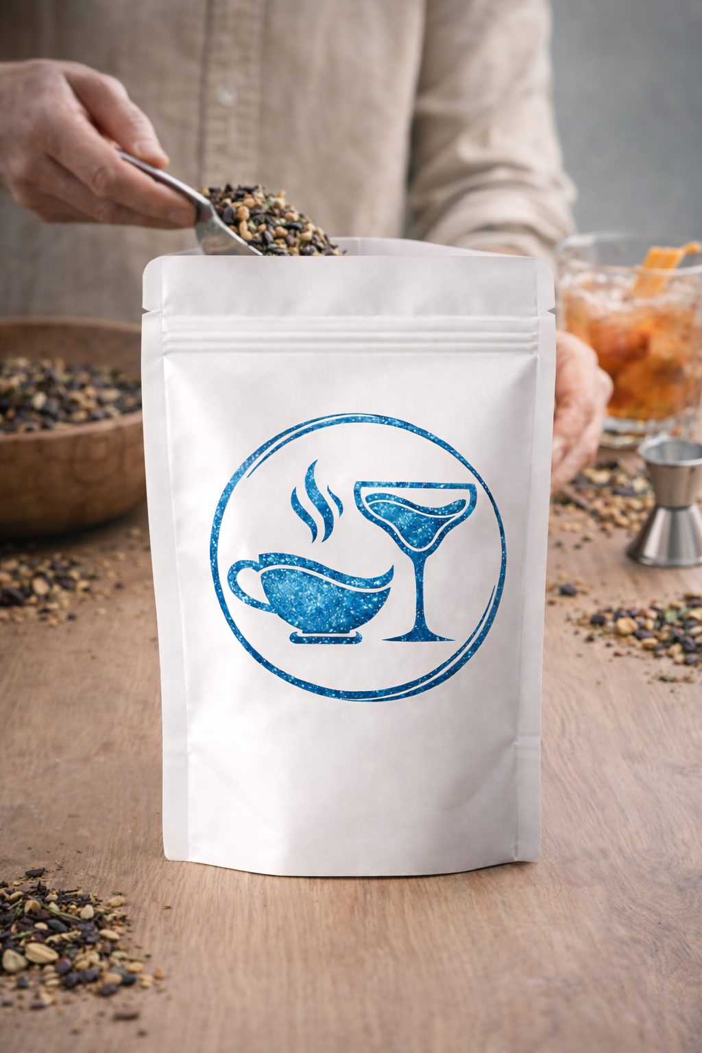 Sac de thé blanc avec un logo bleu représentant une tasse de thé fumante et un verre à cocktail, posé sur une table en bois avec des graines et épices autour, une main versant le mélange dans le sachet.