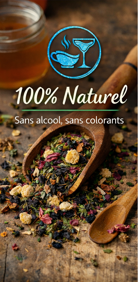Mélange de feuilles de thé naturelles avec logo Greensip, illustrant le côté 100% naturel des cocktails de thé sans alcool