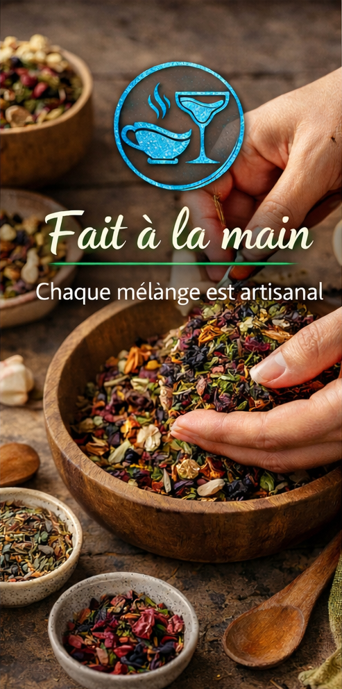 Mains préparant artisanalement un mélange de feuilles de thé dans un bol en bois, avec logo Greensip
