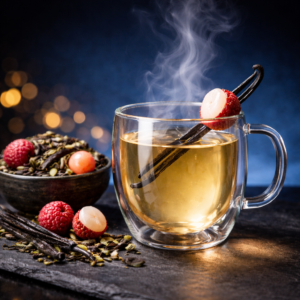 Cocktail de thé blanc Dauphin Blanc Greensip, doré et délicat avec une gousse de vanille et des lychees et framboises frais, vapeur chaude sur fond bleu nuit