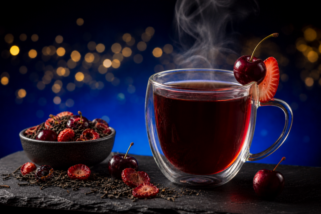 Cocktail de thé noir El Diablo Greensip, rouge profond aux cerises et fraises