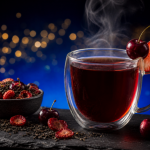 Cocktail de thé noir El Diablo Greensip, rouge profond aux cerises et fraises fraîches, vapeur chaude sur fond bleu nuit étoilé