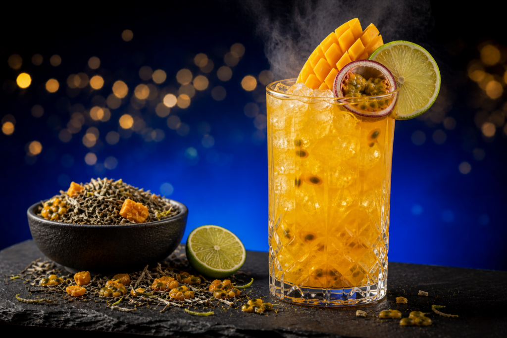 Cocktail de thé La Franqui Greensip édition été, mangue passion et citron vert sur une table 