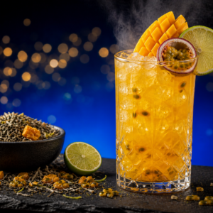 Cocktail de thé La Franqui Greensip, mangue fruit de la passion et citron vert sur glace, fond bleu nuit