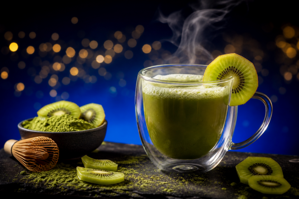 Cocktail de thé matcha Greensip avec kiwi frais, couleur verte et vapeur chaude