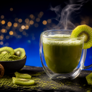 Cocktail de thé matcha Greensip couleur verte intense dans une tasse en verre double paroi, garni d'une rondelle de kiwi, poudre de matcha et chasen sur fond bleu nuit