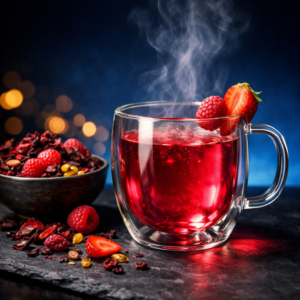 Cocktail de thé Pink Paradise Greensip rouge vif au thé blanc framboise et fruit de la passion dans une tasse en verre double paroi vapeur chaude sur fond bleu nuit