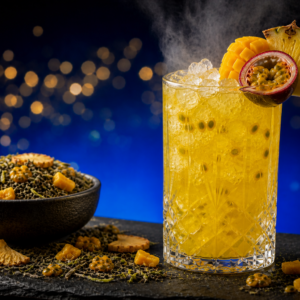 Cocktail de thé Sun Kiss Greensip doré à l'ananas mangue et fruit de la passion sur glace dans un verre en cristal taillé, fond bleu nuit étoilé