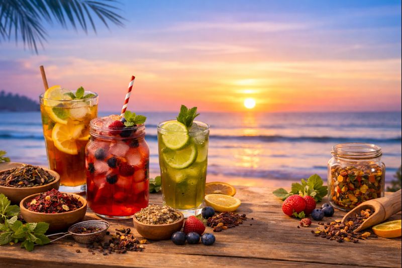 Trois cocktails de thé glacés aux fruits frais disposés sur une table en bois 
au bord de la mer au coucher du soleil, entourés de mélanges de thé artisanaux.