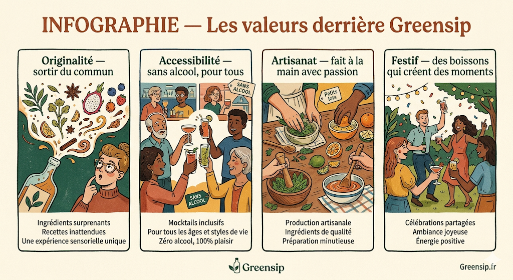 Infographie Greensip en 4 valeurs : originalité des recettes, accessibilité 
sans alcool pour tous, fabrication artisanale avec passion, et esprit festif 
pour chaque moment partagé.