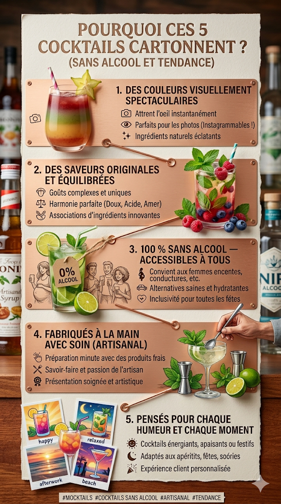 Infographie Greensip : 5 raisons pour lesquelles ces cocktails de thé sans alcool 
cartonnent — couleurs spectaculaires, saveurs originales, 100% sans alcool, 
fabrication artisanale et adaptés à chaque moment.