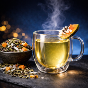 Cocktail de thé vert Tropical Glow Greensip doré et lumineux à la papaye et noix de coco dans une tasse en verre double paroi vapeur chaude sur fond bleu nuit
