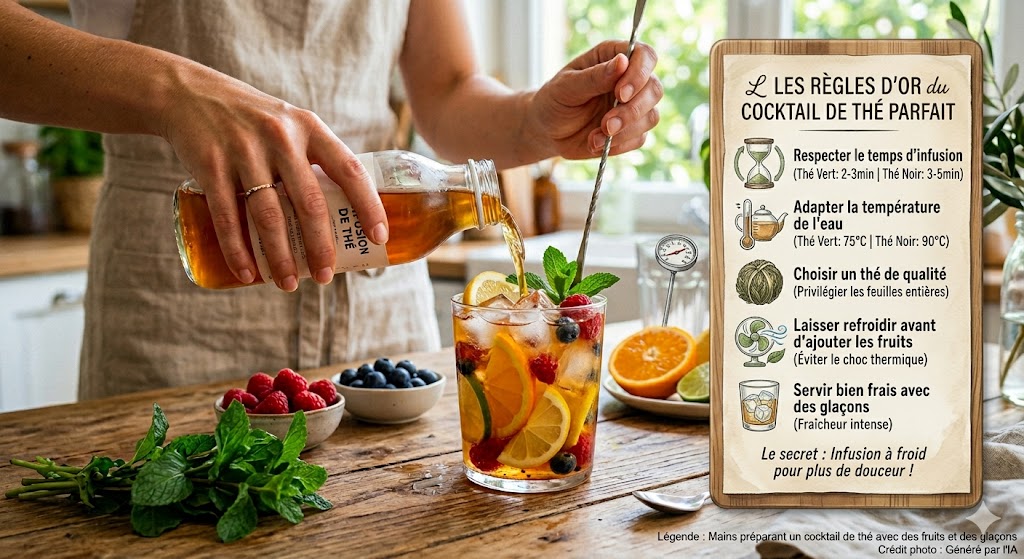 Infographie sur les règles d'or du cocktail de thé parfait : temps d'infusion, température de l'eau, qualité du thé, refroidissement avant ajout des fruits et service avec glaçons