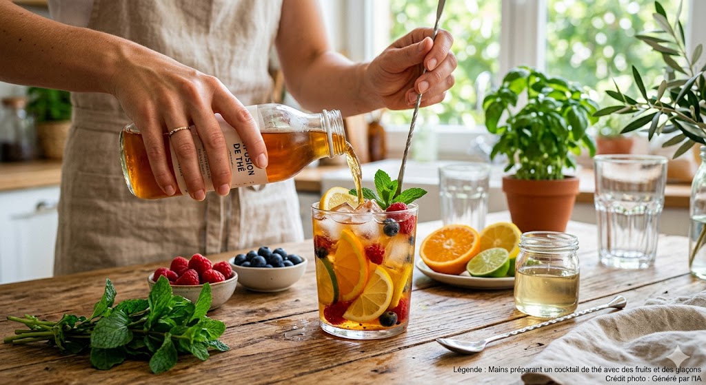 Mains versant une infusion de thé dans un verre garni de framboises, myrtilles, tranches d'orange et glaçons, sur une table en bois avec des fruits frais et de la menthe